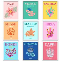 six colorful posters with different types of flowers and plants on them, all in different colors