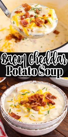 bacon and cheddar potato soup in a white bowl