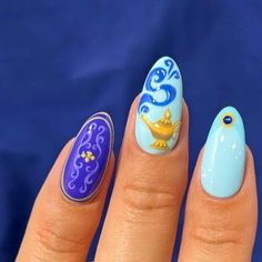 Aladdin Nails Acrylic, Jasmine Nail Art, Disney Princess Nails Aesthetic, Elemental Nails Disney, Disney Rapunzel Nails, Aladdin Nail Art, Disney Inspired Nails Princesses, Disney Princess Themed Nails, Inside Out Nails Disney