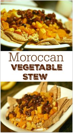 two plates filled with food and the words moroccan vegetable stew on top of each plate