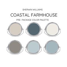 six different shades of paint with the words coastal farmhousee