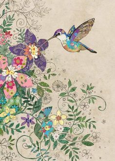 a painting of a hummingbird flying over flowers