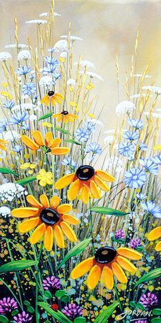 an oil painting of yellow and blue flowers in the wildflowers by artist susan grisby