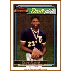 a baseball card with a man holding a catchers mitt on it's chest