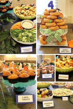 a collage of pictures showing different types of desserts and pastries on display