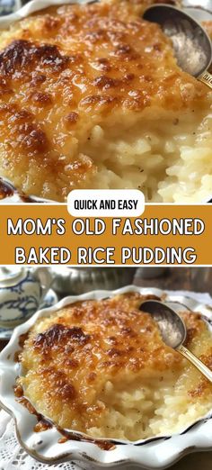 two pictures showing how to make baked rice pudding in an old fashioned casserole dish