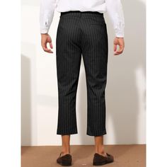 Lars Amadeus striped dress pants for men offer a slim fit and flat front design, perfect for a polished office look. These cropped ankle-length trousers feature a button closure and tapered tailoring, made from lightweight fabric for all-day comfort. The slim fit through the thigh and tapered leg hem highlight your figure, making them suitable for various occasions such as work, business meetings, parties, and family gatherings. Tailored Pinstripe Dress Pants With Tapered Leg, Pinstripe Tapered Leg Business Casual Pants, Pinstripe Tapered Leg Business Bottoms, Pinstripe Tapered Leg Business Casual Bottoms, Tailored Striped Dress Pants With Welt Pockets, Pinstripe Tapered Leg Bottoms For Business Casual, Pinstripe Straight Pants For Business, Business Straight Leg Striped Dress Pants, Business Pinstripe Dress Pants Straight Leg