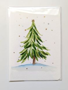 Simple Green Christmas Tree Greeting Card With Gold and Silver Flakes, Hand-painted Watercolor, Blank Inside - Etsy Christmas Gifts Cards Ideas, Christmas Card Design Watercolor, Christmas Tree Greeting Card, Simple Holiday Painting, Beginner Christmas Watercolor, Simple Christmas Images, Watercolor Christmas Art For Kids, Easy Diy Watercolor Christmas Cards, Painted Holiday Cards