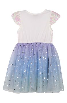 Iridescent sequins and foil-print stars sparkle all over this enchanting unicorn dress that will have your little one looking forward to the next party. Slips on over head Lined 95% polyester, 5% spandex; 100% polyester contrast Hand wash, line dry Imported Hologram Dress, Unicorn Dresses, Mesh Party Dress, Unicorn Dress, Unicorn Kids, Unicorn Girl, Girls Clothes, Foil Print, Nordstrom Dresses