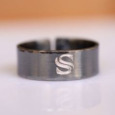 Personalized Monogram Initial Ring for Men Oxidized Sterling silver Band Rings Silver Men, Monogram Rings, Military Bracelet, Promise Rings For Guys, Personalized Leather Bracelet, Mens Earrings Hoop, Artisan Rings, Silver Signet Ring, Initial Ring