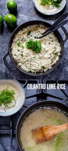 two pictures showing different types of food in pans