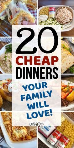 a collage of pictures with the words 20 cheap dinneres your family will love