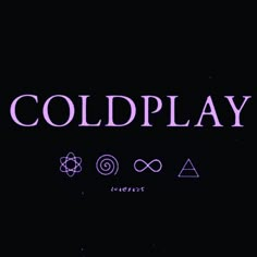 the word coldplay is written in purple on a black background with pink letters and symbols