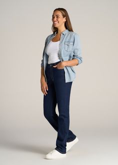 About Our Harper High Rise Straight Stretch Tall Women's Jeans Finding tall jeans for women can be a challenge. They’re often too baggy, too short or simply not in style. That’s why we designed the Harper High Rise Straight Stretch Jeans. These high waisted jeans for tall women have a modern fit with a long rise and straight leg. Five-pocket styling gives you storage for your on-hand essentials, while the full length elongates and accents your legs. We made these tall women’s jeans with a stretc Classic High Rise Blue Flare Jeans, Casual Washed Blue Straight Bottoms, Casual Straight Washed Blue Bottoms, Blue Relaxed Fit Mid-rise Flare Jeans, Blue Mid-rise Relaxed Fit Flare Jeans, Blue Relaxed Fit Straight Flare Jeans, Blue Straight Flare Jeans With Relaxed Fit, Casual Dark Wash Straight Fit Jeans, Casual Straight Fit Flare Jeans With Pockets