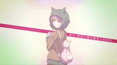 an anime character with a cat on his shoulder holding a bag and wearing a hoodie