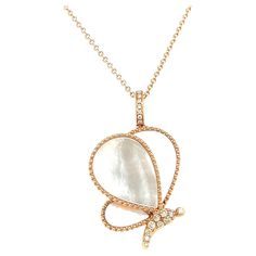 Butterfly White Shell 18K Rose Gold Necklace 8 Diamonds - 0.04CT 9 Fancy Diamonds - 0.14CT 3 White Pearls - 6.32CT 18K Rose Gold - 7.76 GM Precious white shell is used to wish people good luck. If given to a sailor, a White Pearls necklace is supposed to help bring him or her home safely. The elegant gift from the ocean. The butterfly symbolizes self-improvement and achievement. It can witness every important moment in your life, whether it is joy or temporary difficulties. This elegant and sparkling White Shell Gold Butterfly makes you feel as if you are in the most beautiful beach garden. You are the most stylish and unique person in the room. Embrace yourself with a memorable piece. Please visit our shop and check our other masterpieces. Elegant White Luxury Butterfly Necklace, White Pearls Necklace, Unique Person, Butterfly White, Rose Gold Butterfly, Butterfly Necklace Gold, Beach Garden, White Pearl Necklace, Pearls Necklace