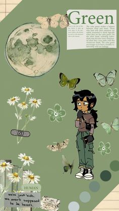 a girl standing in front of a green background with lots of butterflies and flowers on it