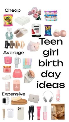 the words teen girl birth day ideas are in black and white