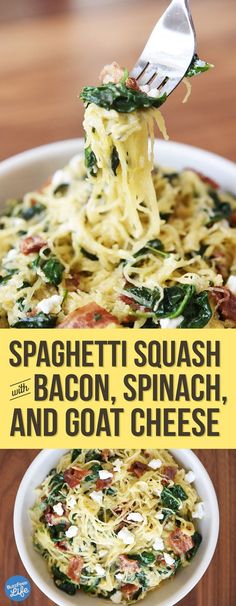 spaghetti with bacon, spinach and goat cheese in a white bowl on a wooden table