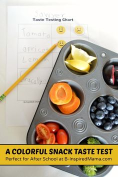 a colorful snack taste test is shown with fruit and vegetables in the tray, along with a pencil