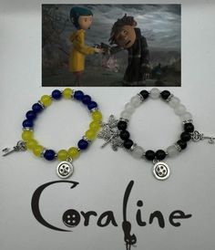 two beaded bracelets with charms and an image of the character coraline on them