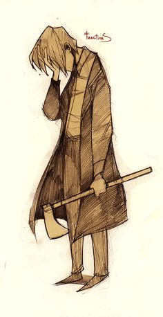 a drawing of a man with a cane in his hand and wearing a long coat