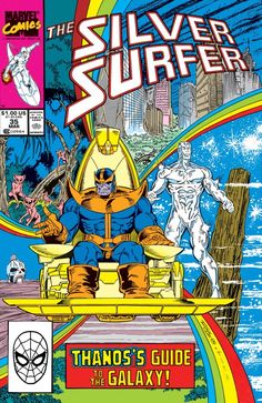 the silver surfer comic book cover with an image of thanos sitting on a bench