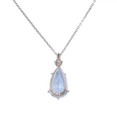 This is part of Chairish’s Fine Jewelry assortment.  Estate pear aquamarine white gold pendant necklace. This 14 karat white gold pendant features a pear aquamarine at 7.75 carats. The aquamarine is clean and nicely cut. There are three accent diamonds at .11 carat total weight. The diamonds have VS clarity and G-H color. The aquamarine pendant comes on a 14 karat white gold chain. [KIMH 2141 P]  Dimensions  1″H x .4375″W; 16″L chain  Metal: White Gold,14k Gold Stone: Aquamarine,Diamond Stone Cu Formal Blue Topaz Drop Necklace, Blue Topaz Teardrop Necklace For Formal Occasions, Formal Teardrop Blue Topaz Necklace, Formal Blue Topaz Teardrop Necklace, Elegant Blue Topaz Teardrop Necklace, Formal Blue Topaz Teardrop Pendant Necklace, Luxury Aquamarine Teardrop Jewelry, Luxury Aquamarine Fine Jewelry Necklace, Aquamarine Pendant In White Gold