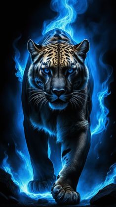 a tiger with blue flames on it's face walking through the dark night sky