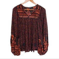 Bohemian Dream Paisley/ Floral Blouse Nwt Color: Orange And Black Model Is 5’7” And Wearing A Small Boho Bohemian Peasant Women’s Top Multicolor V-neck Peasant Top For Fall, Fall Paisley Print V-neck Blouse, Orange Bohemian V-neck Top, Fall V-neck Blouse With Paisley Print, Long Sleeve Peasant Top With Boho Print For Fall, Long Sleeve Boho Print Peasant Top For Fall, Patterned Printed Peasant Top For Fall, Fall Bohemian Paisley Print Blouse, Fall Casual Peasant Top With Boho Print