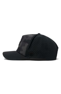 a black hat with camouflage print on it