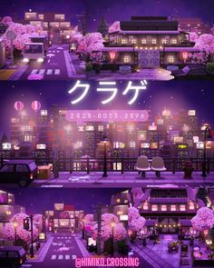 an animated city scene with pink flowers in the foreground and purple lights on the background