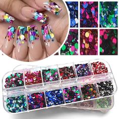 12-Grid Mixed Color 3D Thin Nail Sequins Glitter Sparkly Flakes Manicure Decals Nail Sequins, Gel Color, Gel Nails, Color Mixing, Manicure, Glitter, How To Apply