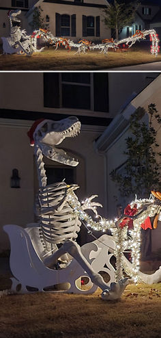 two photos of a skeleton on a sleigh with christmas lights in front of a house