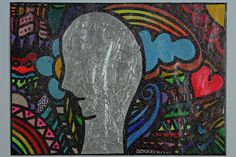 an abstract painting of a woman's head with colorful shapes and lines in the background