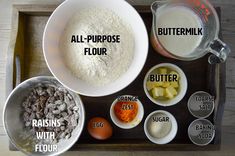 ingredients to make an all - purpose flour recipe laid out on a tray