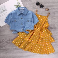 Bright Summer Dresses, Girl Sleeves, Printed Casual Dresses, Summer Outfits Kids, Denim Blouse, Polka Dot Skirt, Dot Skirt, Girls Denim, Girls Clothes