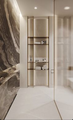 an elegant bathroom with marble walls and shelves