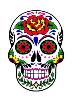 a sugar skull with roses on it's forehead and eyes painted in different colors