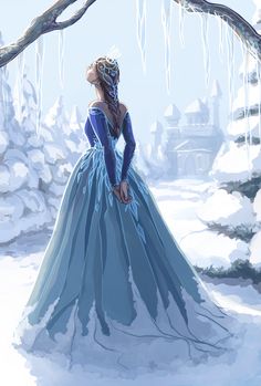 an animated image of a woman in a blue dress with snow on the ground behind her