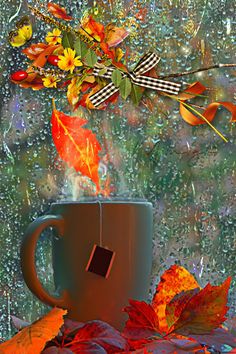 a coffee cup with autumn leaves falling out of it and the window behind it is covered in raindrops