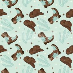 seamless pattern with cowboy hats and stars on light blue background, suitable for wallpaper or fabric