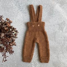 a brown knitted baby's overall next to dried flowers