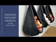 hanging crochet baskets with fruits and vegetables in them