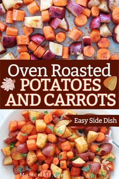 chunks of red potatoes and carrots seasoned with smoked paprika. A colorful side dish. Text overlay states oven roasted potatoes and carrots Oven Roasted Potatoes And Carrots, Easy Oven Roasted Potatoes, Carrots In Oven, Oven Roasted Potatoes Easy, Oven Roasted Carrots, Roasted Potatoes And Carrots, Potatoes In Oven, Easter Side Dishes, Potatoes And Carrots