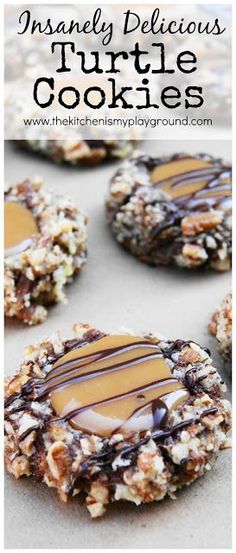 cookies with chocolate drizzled on top and caramel sauce in the middle