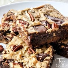 several pieces of chocolate pecan brownies on a plate