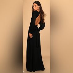 Gorgeous Long-Sleeved, Black Dress With Open Back & Bow Detail. Never Worn/Nwt. Elegant Black Long Sleeve Maxi Dress, Fitted Long Sleeve Black Maxi Dress, Dressy Long Sleeve Black Dresses, Black Long Sleeve Dressy Dress, Chic Black Long Sleeve Dress For Date Night, Dressy Black Long Sleeve Dress, Black Long Sleeve Dress For Date Night, Black V-neck Long Sleeve Dress For Date Night, Black Long Sleeve Dress For Fall Night Out