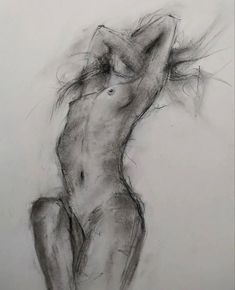 a black and white drawing of a nude woman's head with her hair blowing in the wind