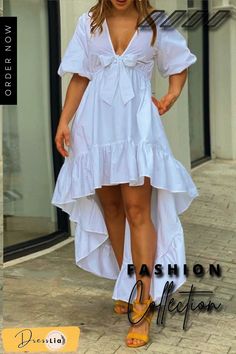 Casual V-neck Bow Cake Dress P10653 White Dress Summer Casual, Bow Cake, Best Maxi Dresses, Bow Cakes, Cake Dress, Plain Maxi Dress, A Line Maxi Dress, Casual White Dress, Dress Cake